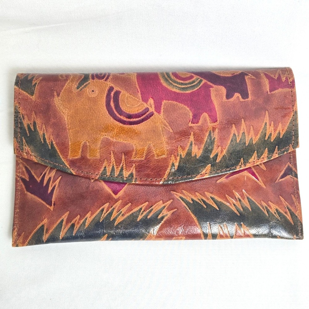 MTC Genuine Leather Elephant Wallet Boho Artsy India 7.5"x 4.75"‎ Vintage 1996